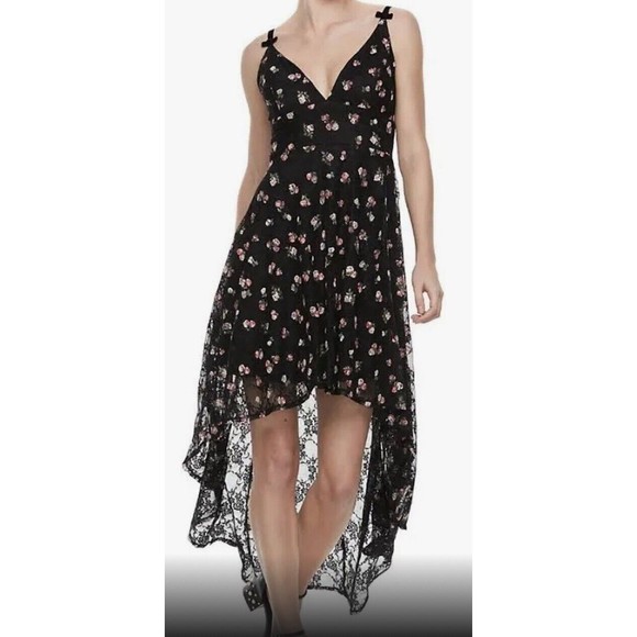 Disney Princess Dress Juniors S Black High-Low Lace Spaghetti Strap Floral Vneck - Picture 1 of 12